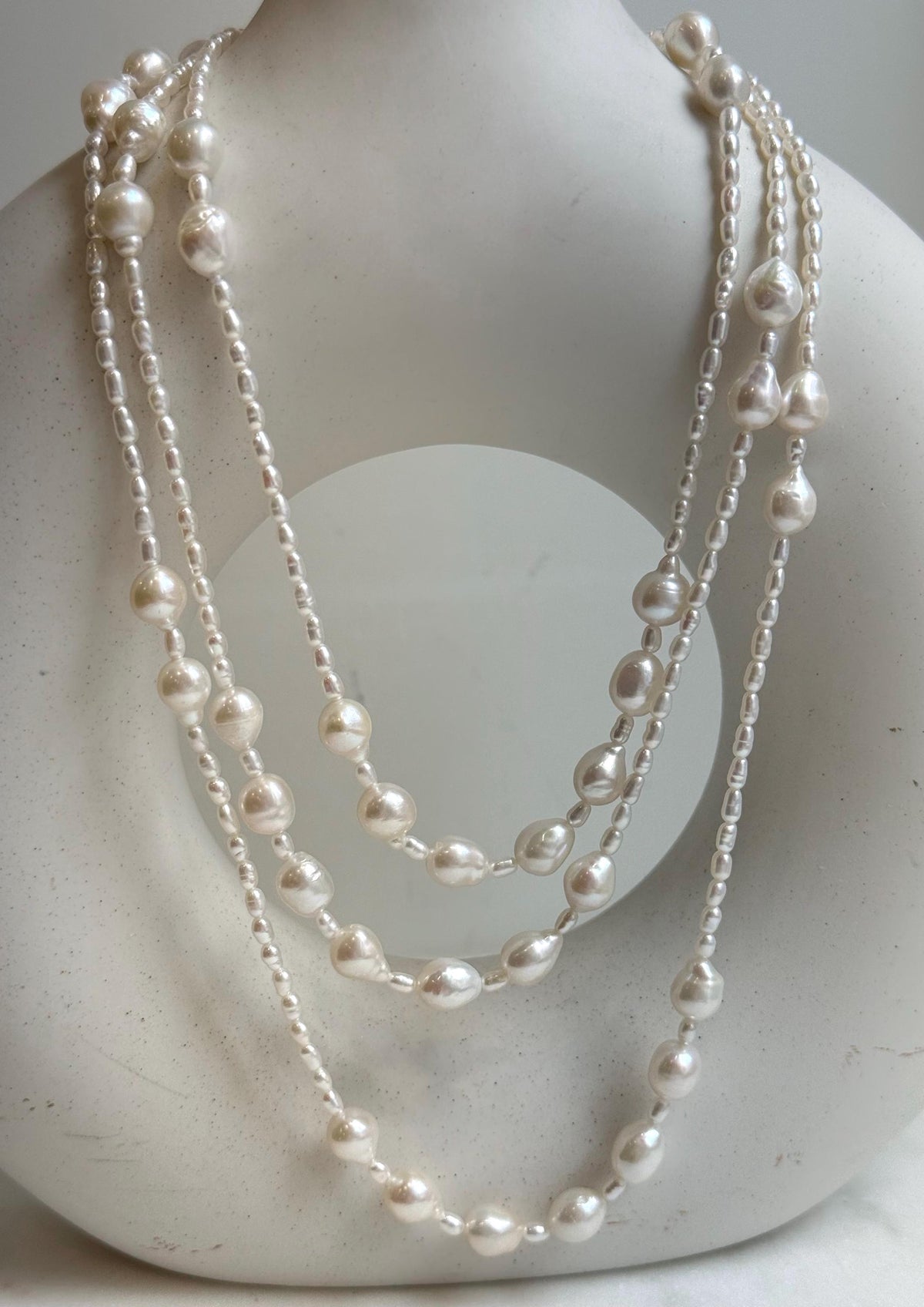 Elly’s 2.5-7.5mm Freshwater white iridescent Keshi pearls Long necklace:Extreme luster mirrored.