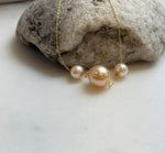 Elly’s Tri Au750 18k Gold South sea golden Akoya ocean Pearls Floating pendants:Extreme luster, 7.7-11.7mm.