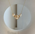 Elly’s Tri Au750 18k Gold South sea golden Akoya ocean Pearls Floating pendants:Extreme luster, 7.7-11.7mm.