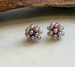 Elly’s Freshwater Keshi Pearls Hydrangeas earrings studs: Extreme luster, purple lavender, 5-5.3mm. Pearl jewelry.