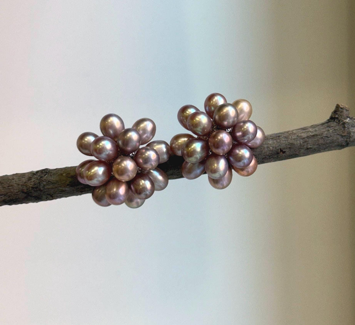Elly’s Freshwater Keshi Pearls Hydrangeas earrings studs: Extreme luster, purple lavender, 5-5.3mm. Pearl jewelry.