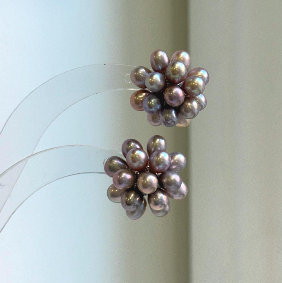 Elly’s Freshwater Keshi Pearls Hydrangeas earrings studs: Extreme luster, purple lavender, 5-5.3mm. Pearl jewelry.