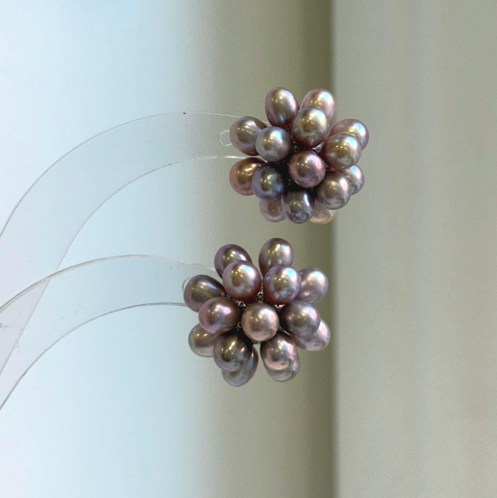 Elly’s Freshwater Keshi Pearls Hydrangeas earrings studs: Extreme luster, purple lavender, 5-5.3mm. Pearl jewelry.