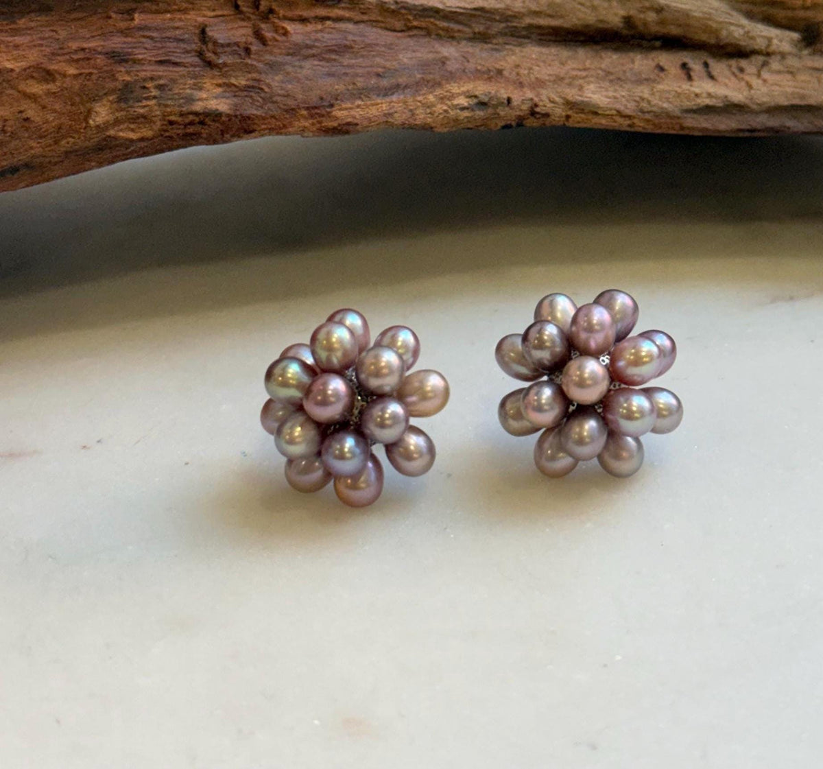 Elly’s Freshwater Keshi Pearls Hydrangeas earrings studs: Extreme luster, purple lavender, 5-5.3mm. Pearl jewelry.