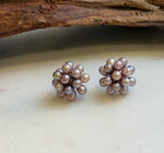 Elly’s Freshwater Keshi Pearls Hydrangeas earrings studs: Extreme luster, purple lavender, 5-5.3mm. Pearl jewelry.