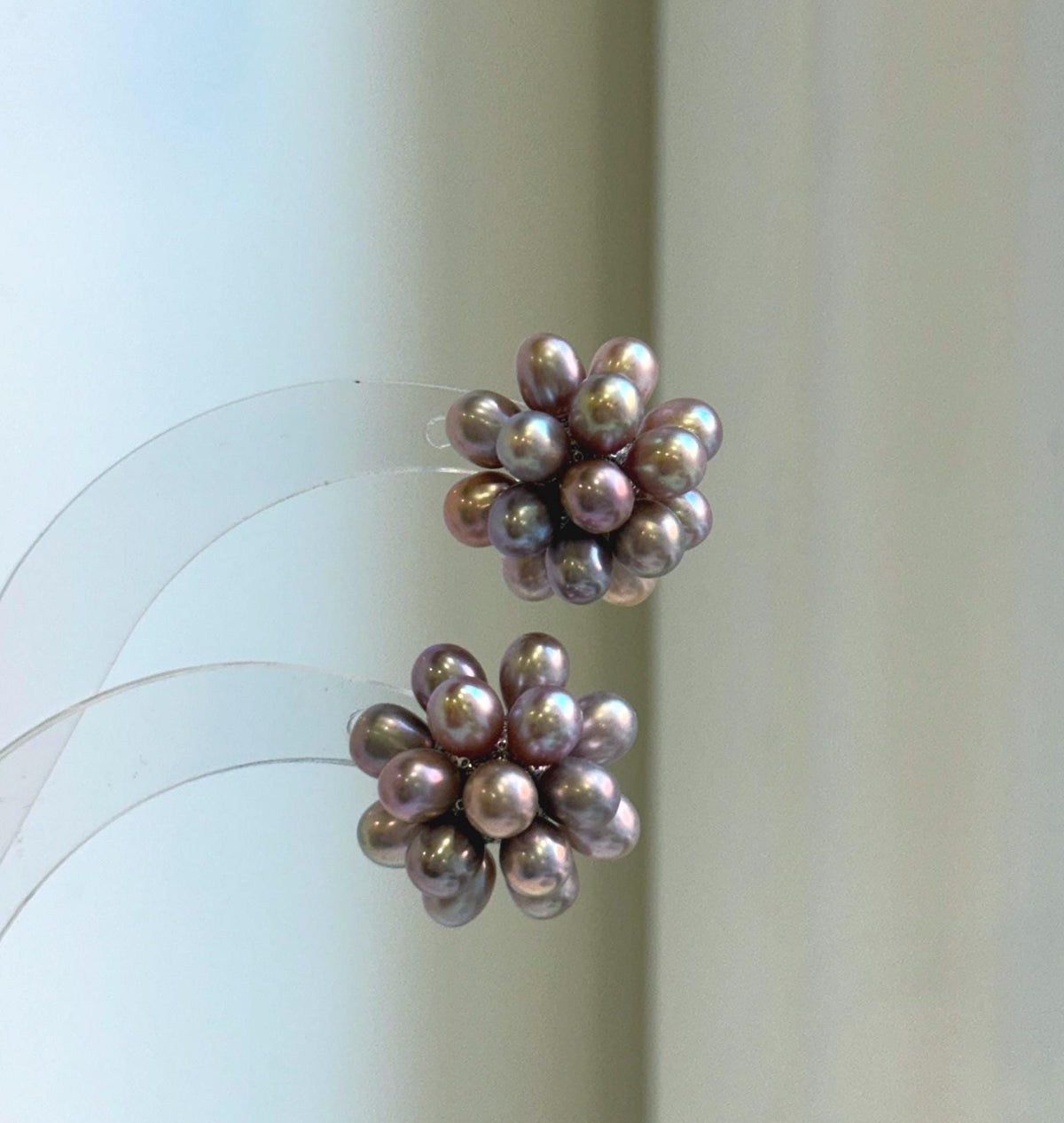 Elly’s Freshwater Keshi Pearls Hydrangeas earrings studs: Extreme luster, purple lavender, 5-5.3mm. Pearl jewelry.
