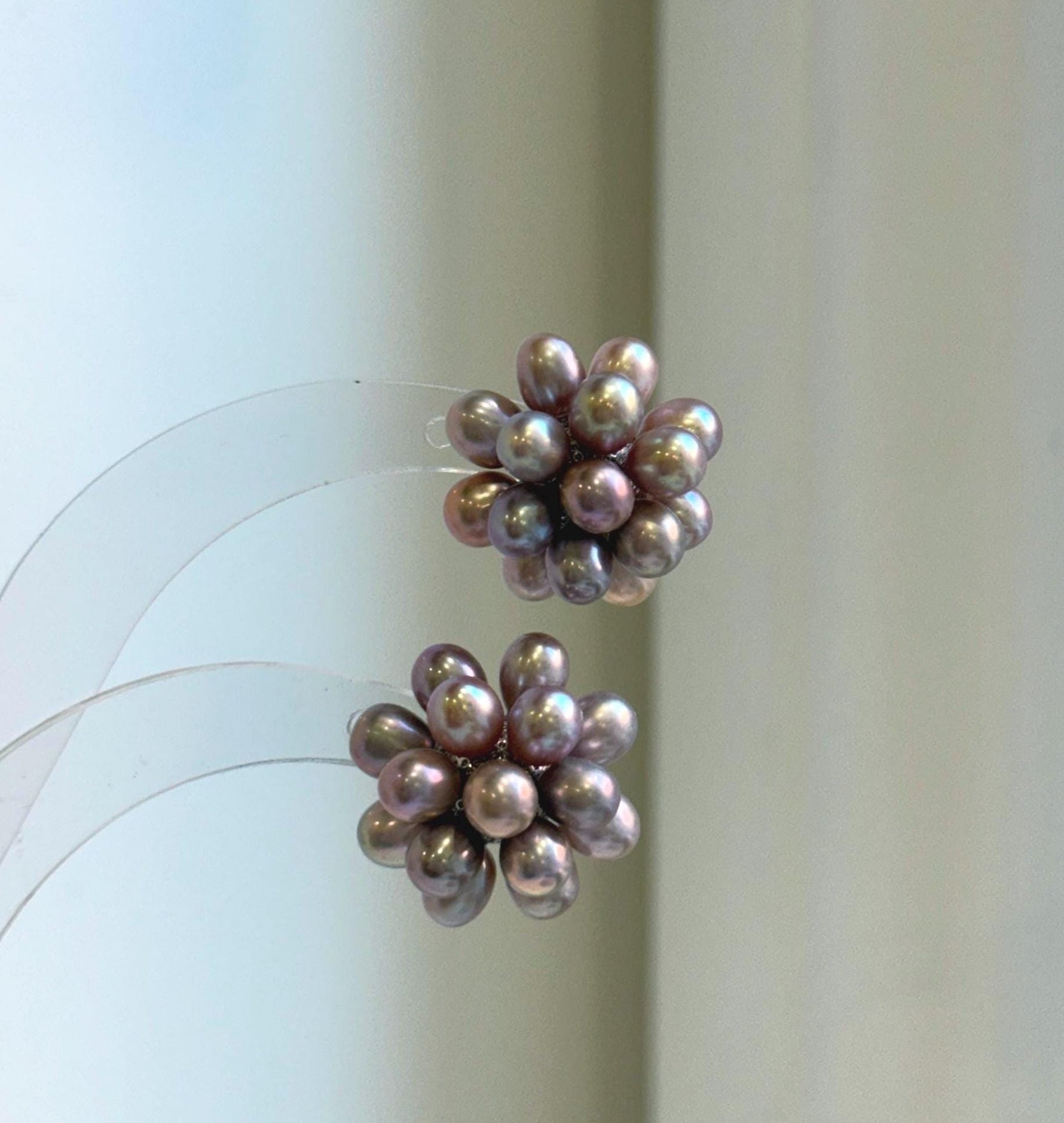 Elly’s Freshwater Keshi Pearls Hydrangeas earrings studs: Extreme luster, purple lavender, 5-5.3mm. Pearl jewelry.