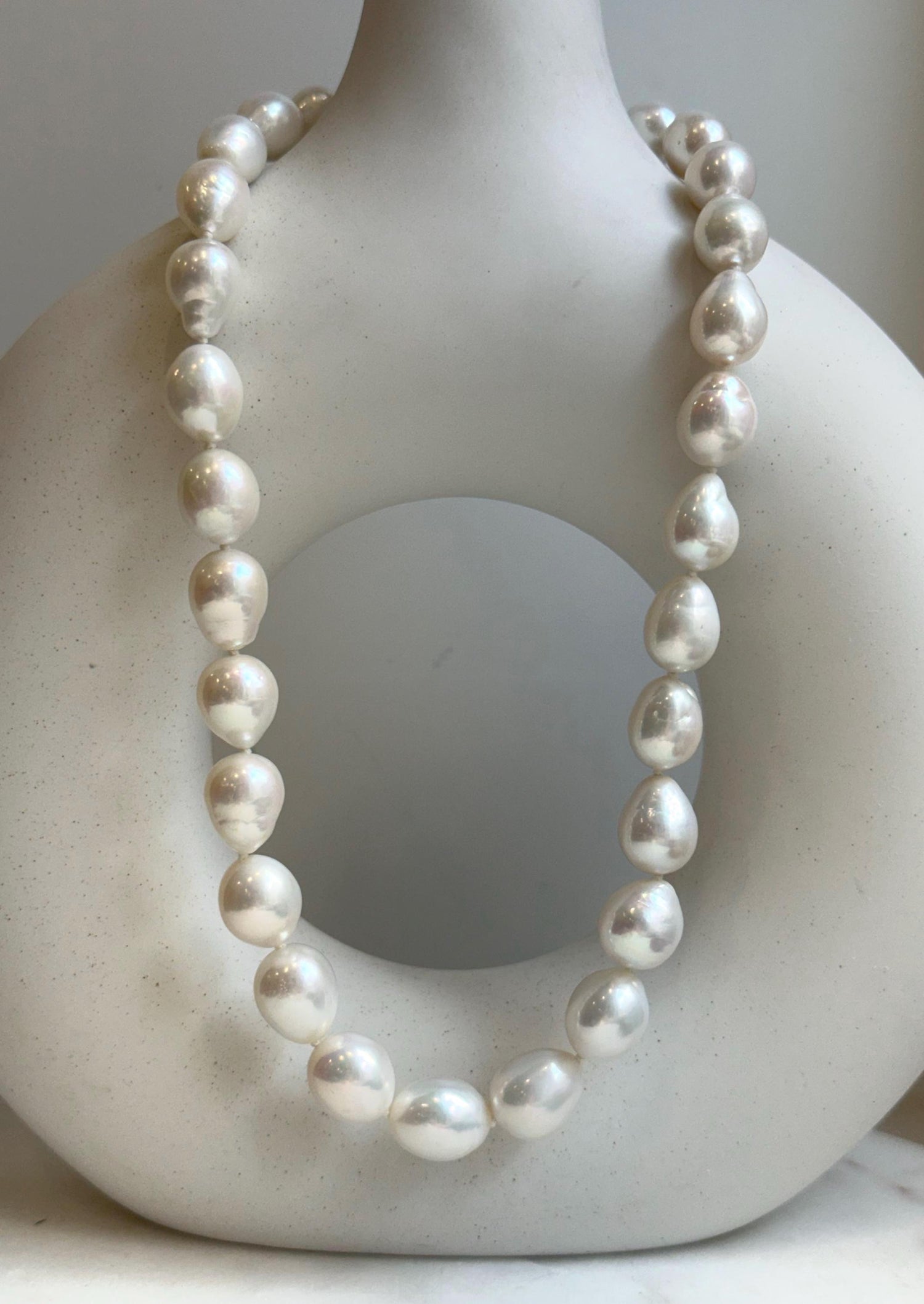 Elly’s 29pcs 10-12.7mm white iridescent Pearls Necklace Strand: Extreme luster mirrored, 17.7”, S925 silver necklace. high quality daily office white pearls necklace for her