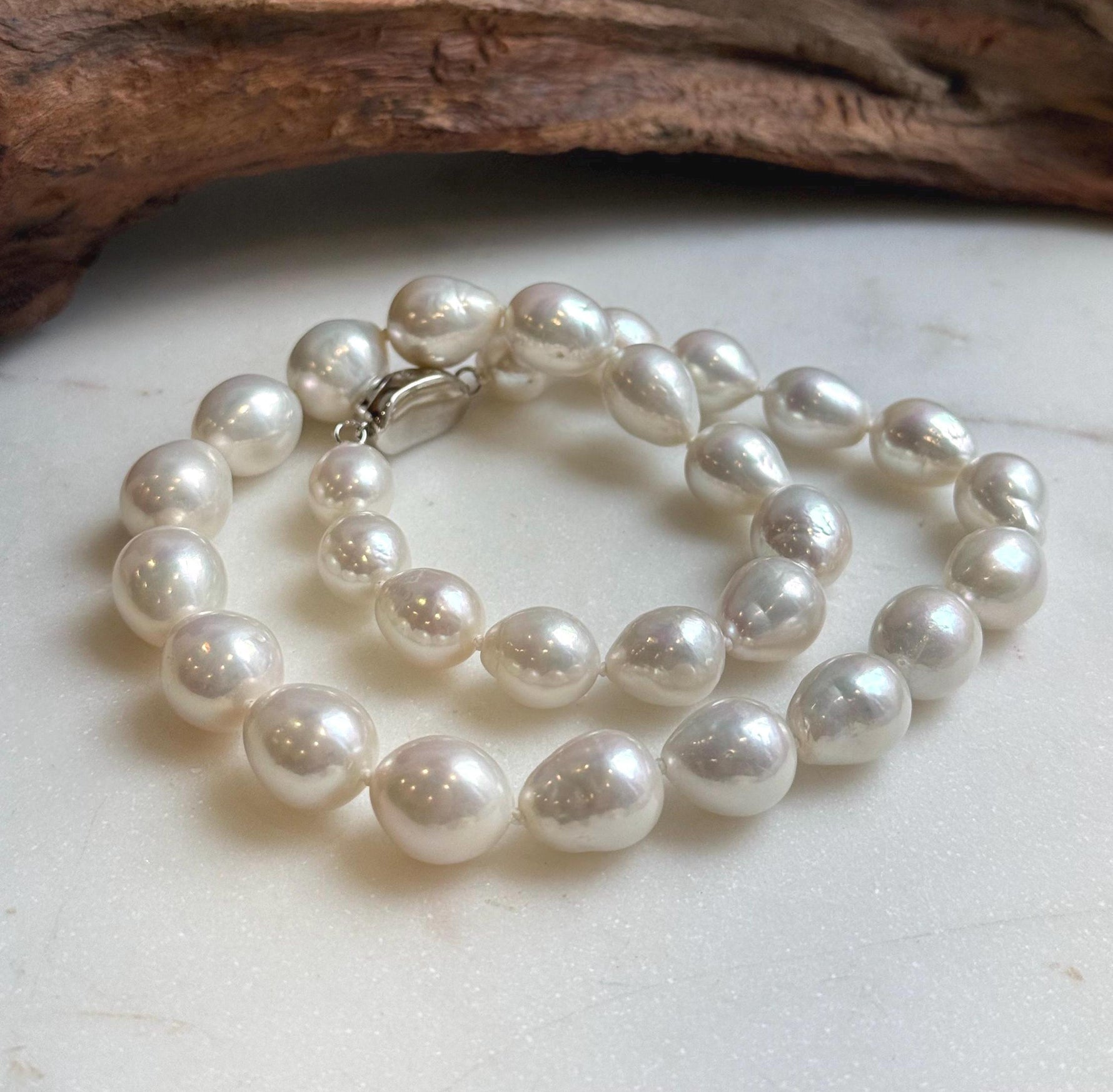Elly’s 29pcs 10-12.7mm white iridescent Pearls Necklace Strand: Extreme luster mirrored, 17.7”, S925 silver necklace. high quality daily office white pearls necklace for her