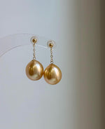 Elly’s 11.6mm Au750 18K gold South sea golden ocean pearls Earrings: Extreme luster mirrored, 18k real gold earrings chandeliers. high quality real gold ocean golden pearls earrings for her