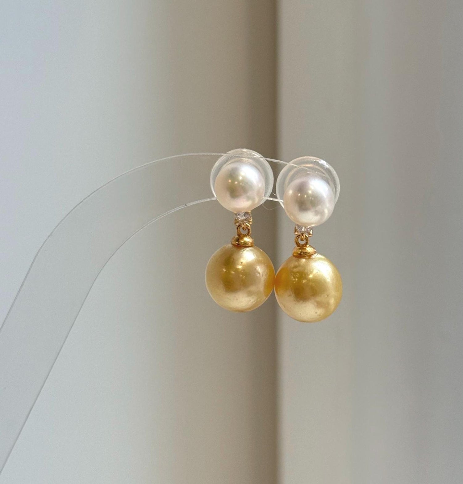 Elly’s 7.5-10.7mm South sea golden Akoya ocean Pearls Earrings: Extreme luster Mirrored, 2.2cm high, S925 silver earrings.