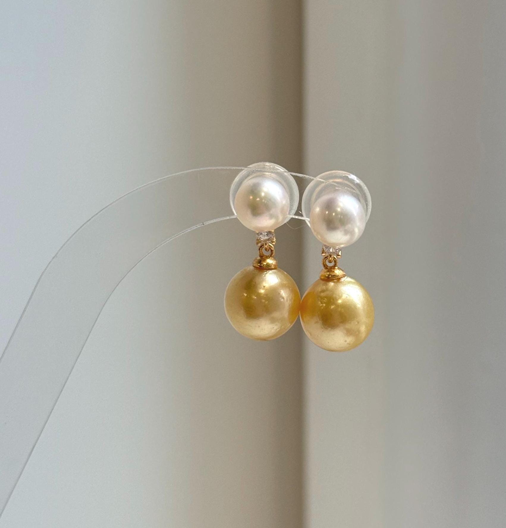 Elly’s 7.5-10.7mm South sea golden Akoya ocean Pearls Earrings: Extreme luster Mirrored, 2.2cm high, S925 silver earrings.