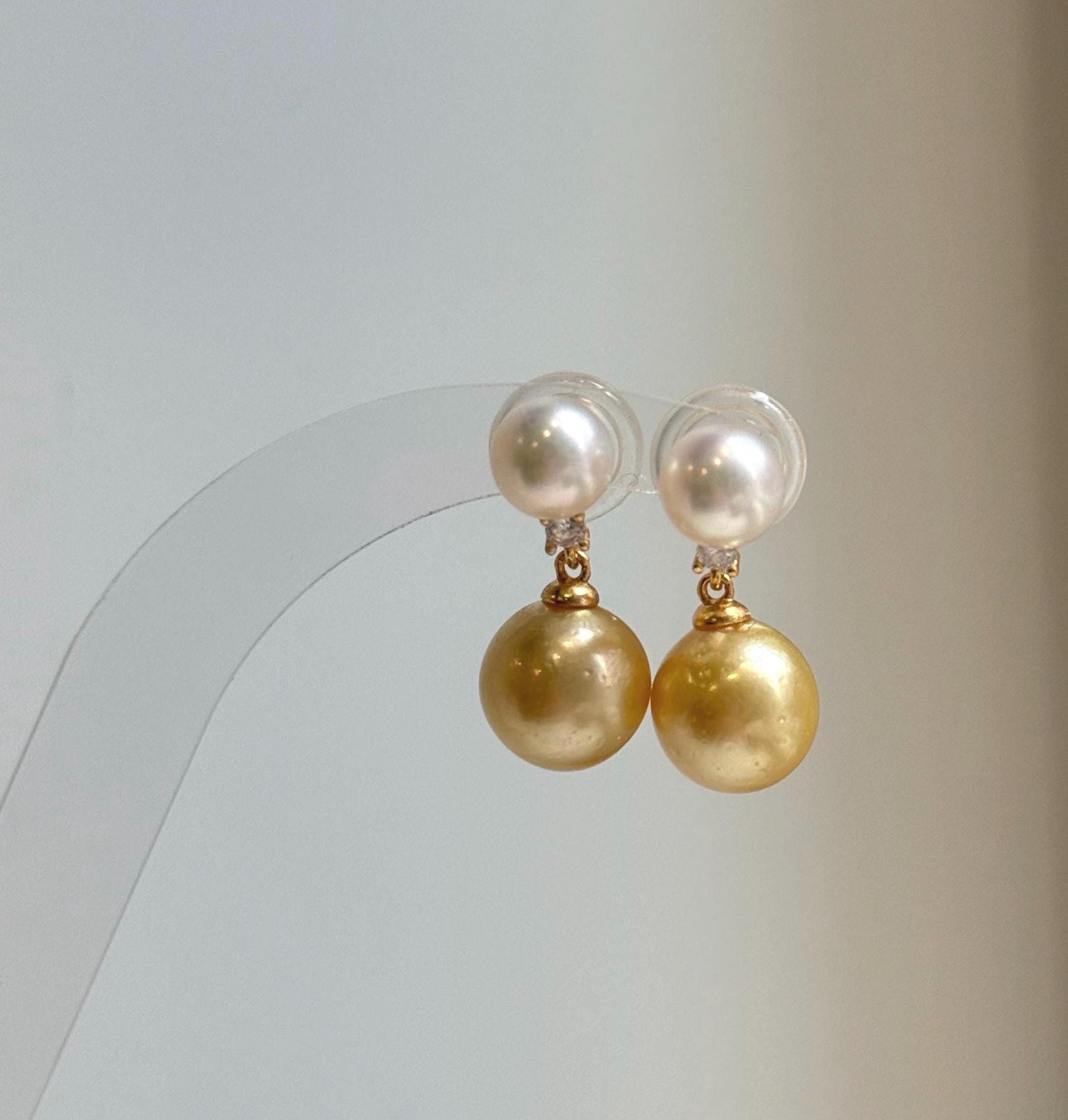 Elly’s 7.5-10.7mm South sea golden Akoya ocean Pearls Earrings: Extreme luster Mirrored, 2.2cm high, S925 silver earrings. high quality golden pearl earrings for her retirement