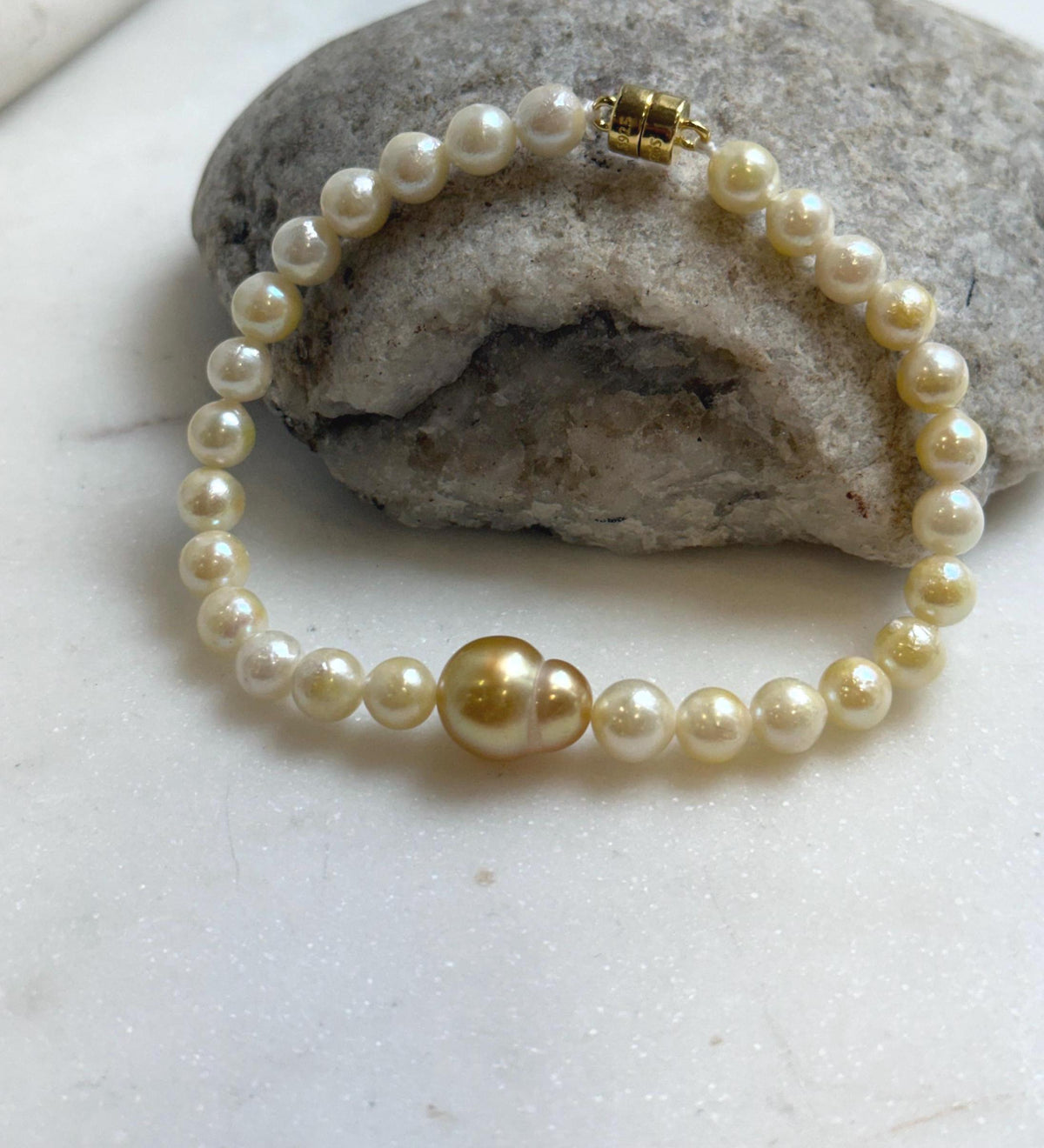 Elly’s 10.7mm South sea Gourd deep golden Akoya ocean Pearls Bracelet: Extreme luster mirrored, S925 silver Bracelet. Different size.
