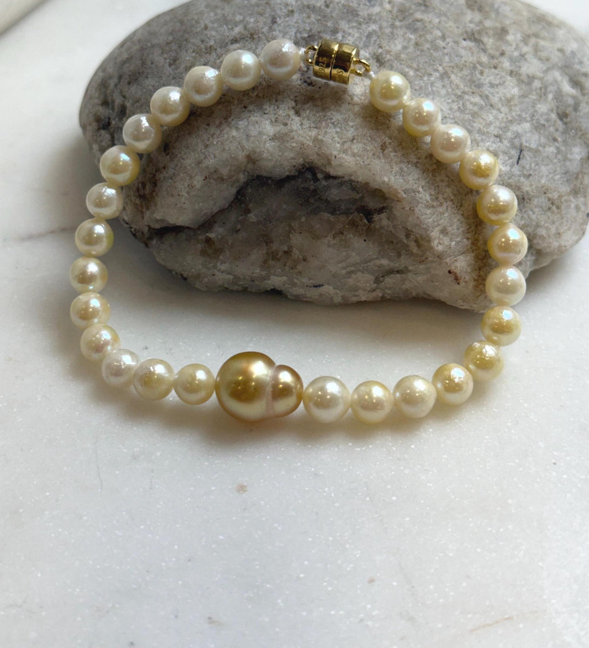 Elly’s 10.7mm South sea Gourd deep golden Akoya ocean Pearls Bracelet: Extreme luster mirrored, S925 silver Bracelet. Different size.