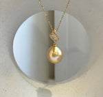 Elly’s 14.3mm Huge Genius South sea Deep Tea gold ocean pearl Pendant: Extreme luster mirrored, 3.2cm high, s925 silver pendant.