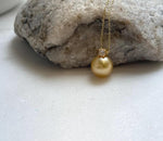 Elly’s 10.4mm Genius South sea deep gold ocean pearl Pendant: Extreme luster, 1.4cm high, s925 silver 18k gold plated pendant.