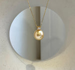 Elly’s 12.6mm Genius South sea champagne gold ocean pearl Pendant: Extreme luster mirrored, 1.8cm high, s925 silver pendant.