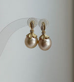 Elly’s 12.4mm Genius South sea Golden ocean Pearls cool Earrings: Extreme luster, 2.4cm high, S925 silver cool earrings. high quality south sea golden ocean pearls earrings for her