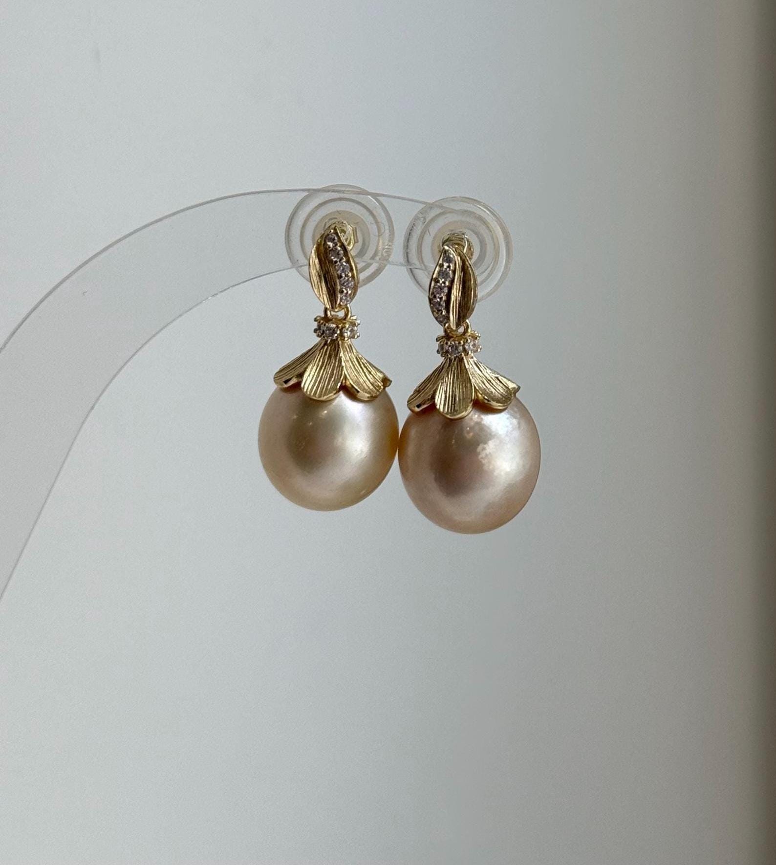 Elly’s 12.4mm Genius South sea Golden ocean Pearls cool Earrings: Extreme luster, 2.4cm high, S925 silver cool earrings. high quality south sea golden ocean pearls earrings for her