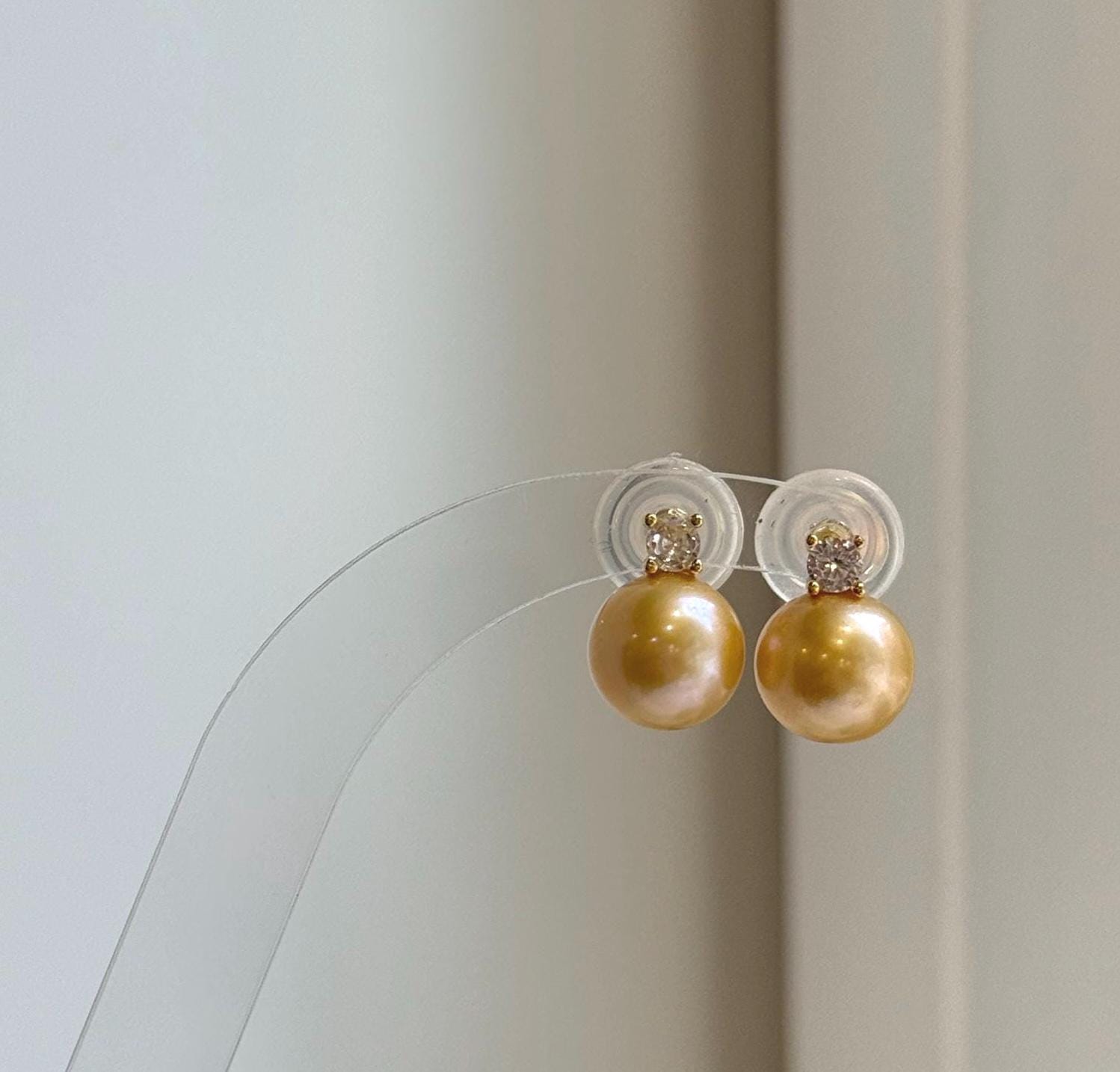 Elly’s 10.1mm Edison deep gold Pearls Earrings Studs: Extreme luster Mirrored, 1.4cm high, S925 silver cool earrings studs.