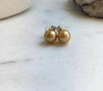 Elly’s 10.1mm Edison deep gold Pearls Earrings Studs: Extreme luster Mirrored, 1.4cm high, S925 silver cool earrings studs.