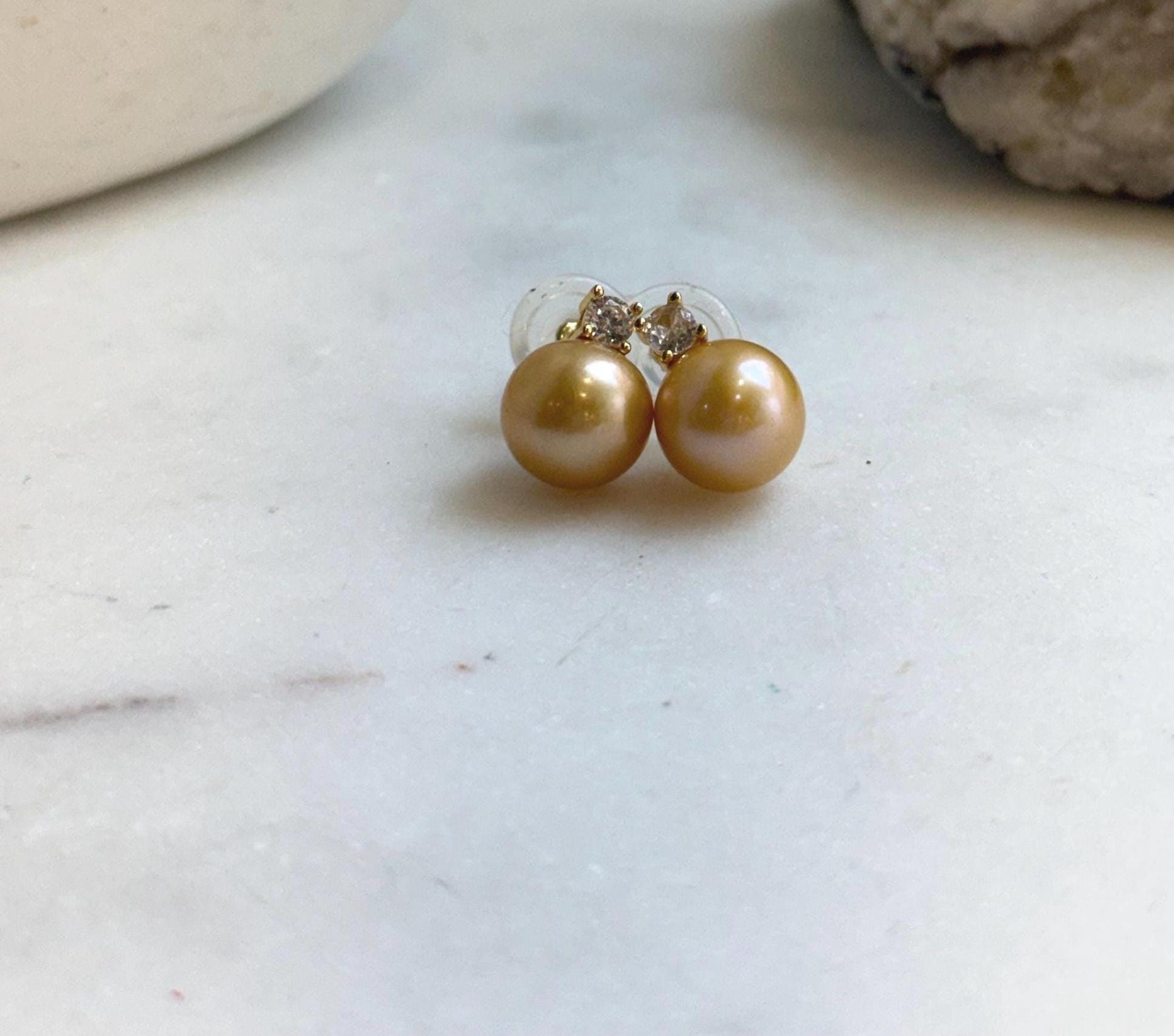 Elly’s 10.1mm Edison deep gold Pearls Earrings Studs: Extreme luster Mirrored, 1.4cm high, S925 silver cool earrings studs.