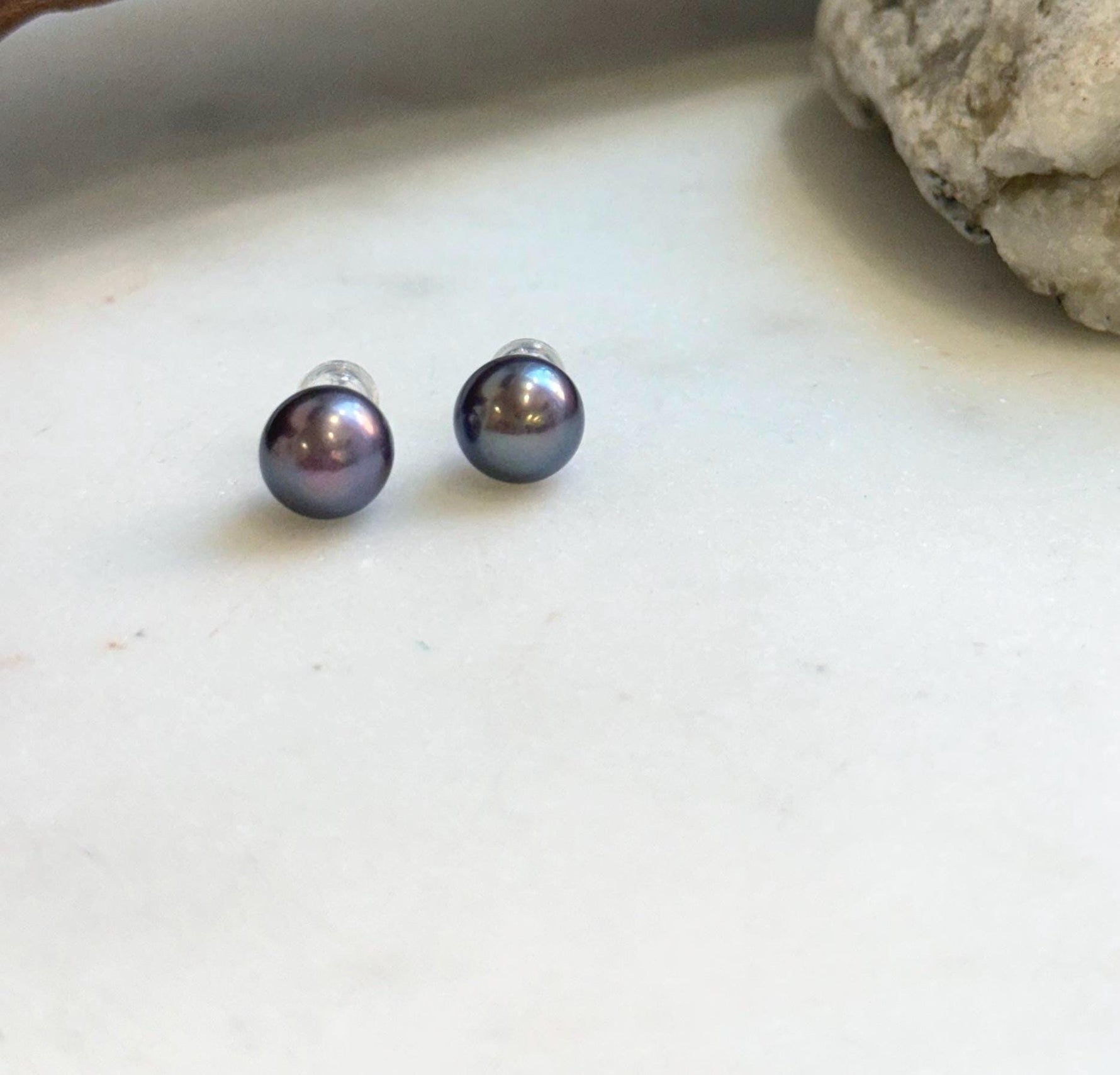 Elly’s 8.7mm Purple Plum Freshwater Pearls Earrings Studs: Extreme luster Mirrored, S925 silver minimalist earrings studs.