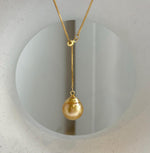 Elly’s 12.2mm Genius South sea deep tea golden ocean pearl Pendant: Extreme luster mirrored, to 17.3”, s925 silver Y-Lariat chain set.