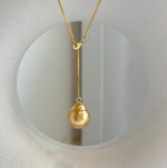 Elly’s 12.2mm Genius South sea deep tea golden ocean pearl Pendant: Extreme luster mirrored, to 17.3”, s925 silver Y-Lariat chain set.