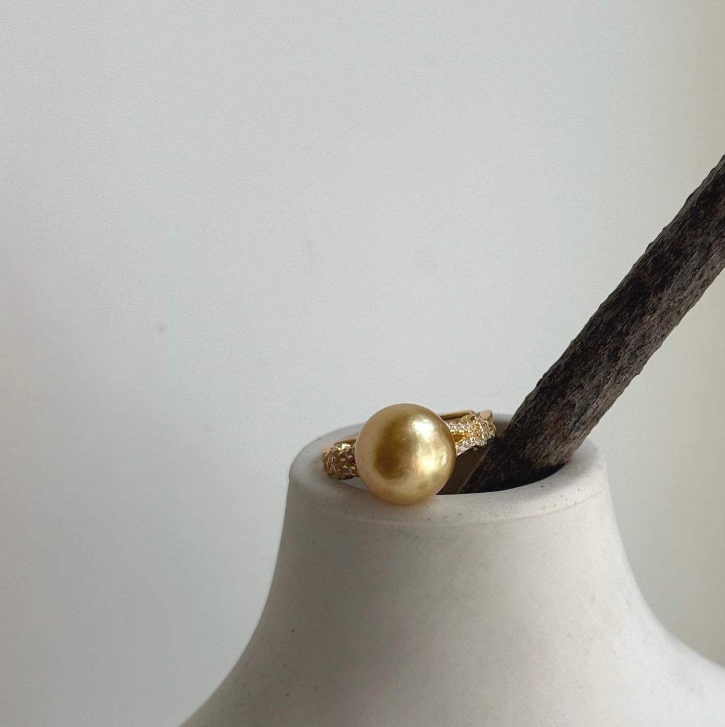 Elly’s 10.4mm South sea deep tea gold ocean pearl Ring: Extreme luster, S925 silver with gold plated adjustable minimalist Ring.