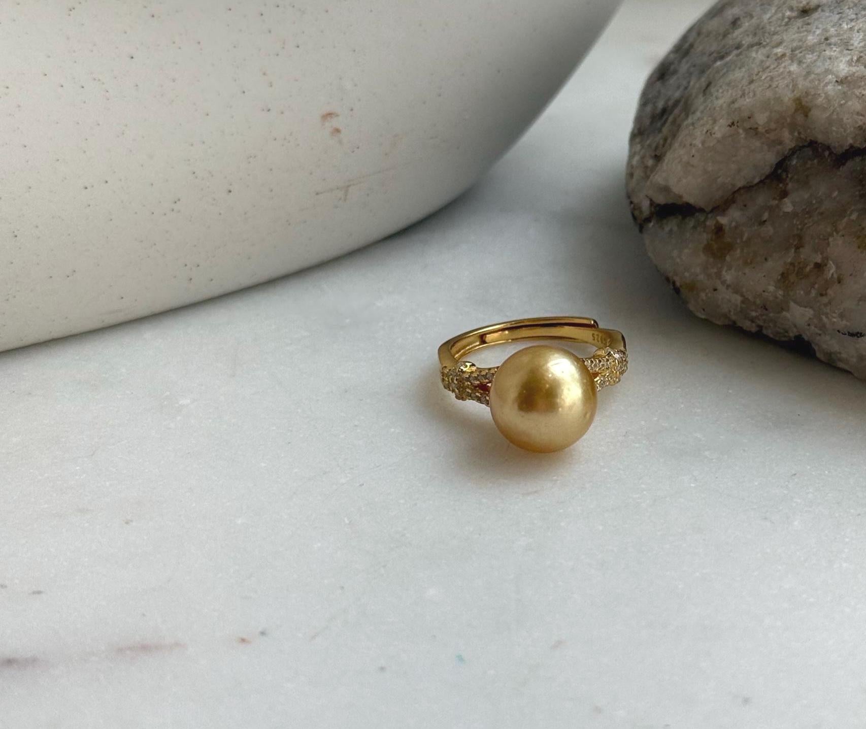 Elly’s 10.4mm South sea deep tea gold ocean pearl Ring: Extreme luster, S925 silver with gold plated adjustable minimalist Ring. daily office golden pearl ring for her birthday