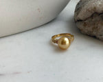 Elly’s 10.4mm South sea deep tea gold ocean pearl Ring: Extreme luster, S925 silver with gold plated adjustable minimalist Ring. daily office golden pearl ring for her