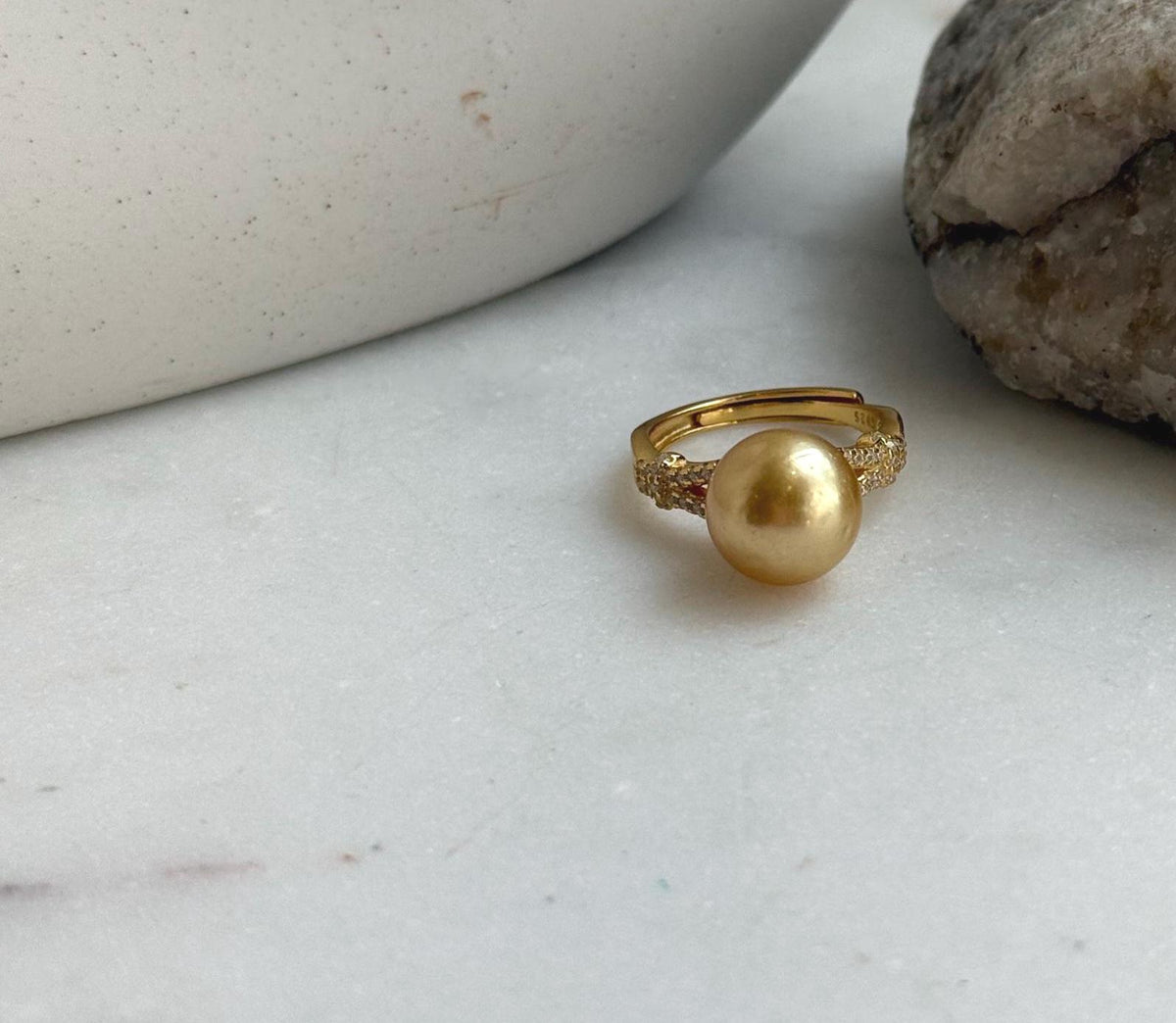 Elly’s 10.4mm South sea deep tea gold ocean pearl Ring: Extreme luster, S925 silver with gold plated adjustable minimalist Ring. daily office golden pearl ring for her