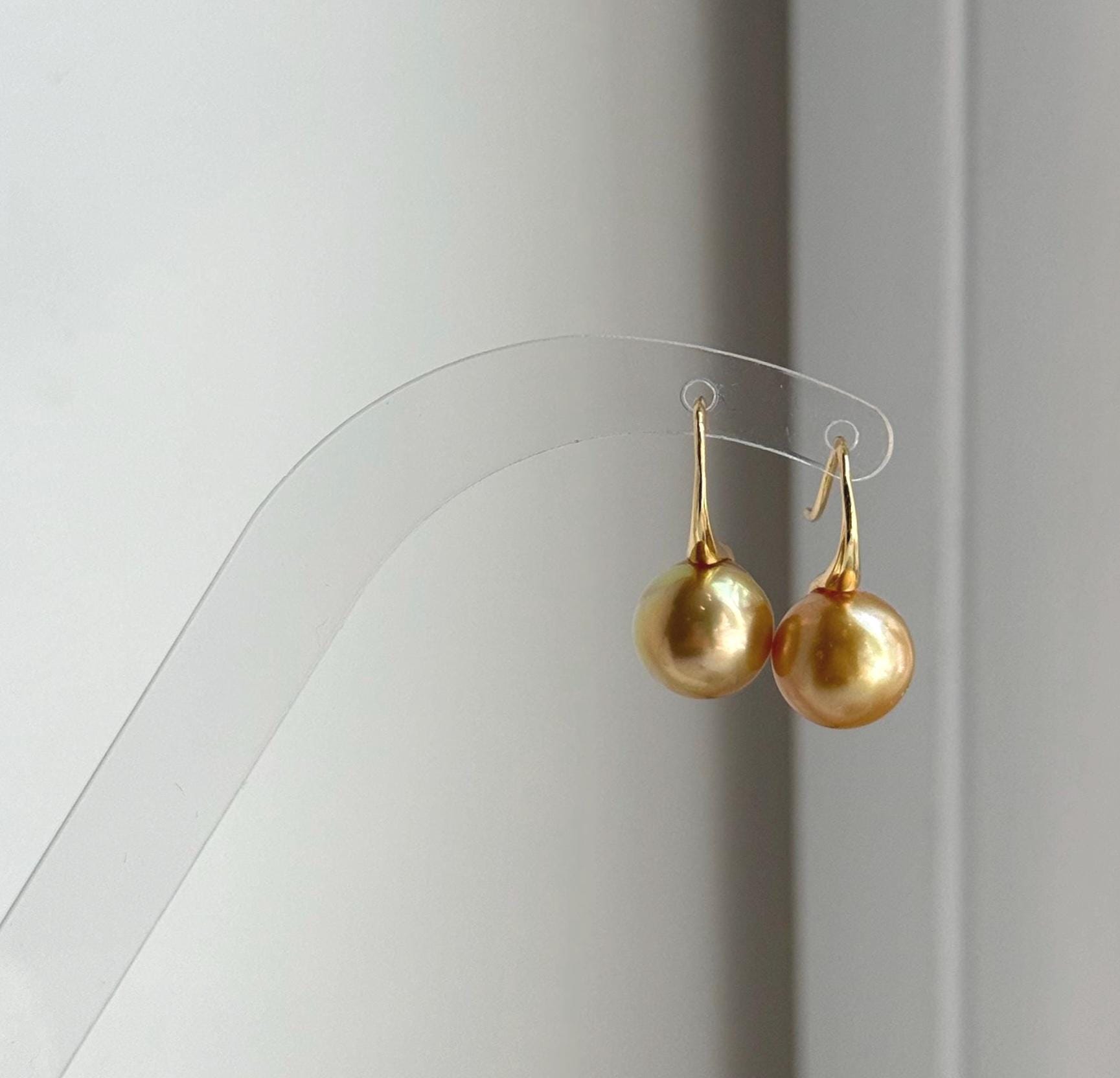 Elly’s South sea deep tea gold ocean pearl High heel earrings hooks: Extreme luster, S925 silver with gold plated minimalist earrings. daily office golden pearl earrings for her