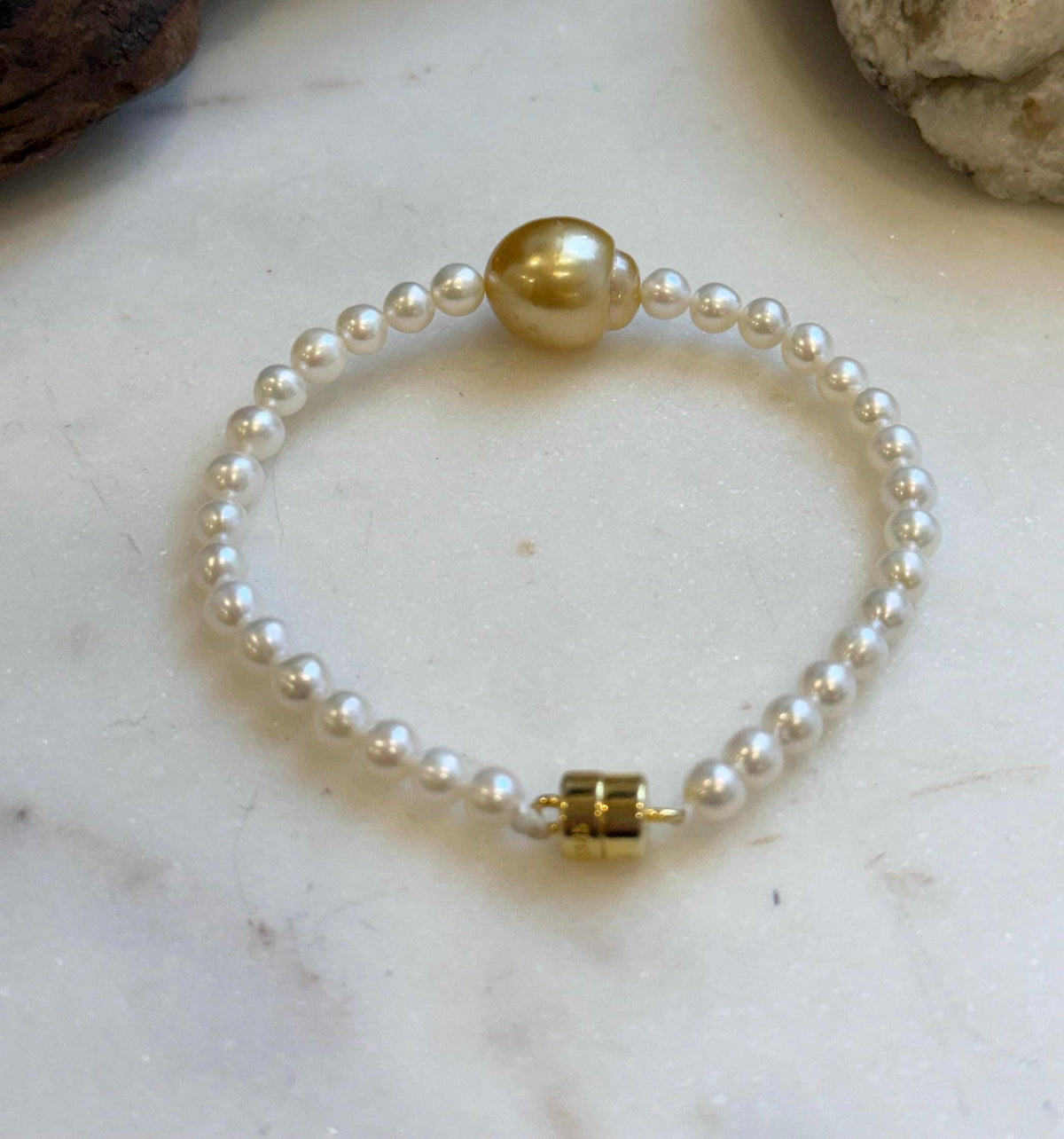 Elly’s 11.7mm South sea deep golden Freshwater Pearls Bracelet: Extreme luster mirrored, S925 silver Bracelet. Different size.