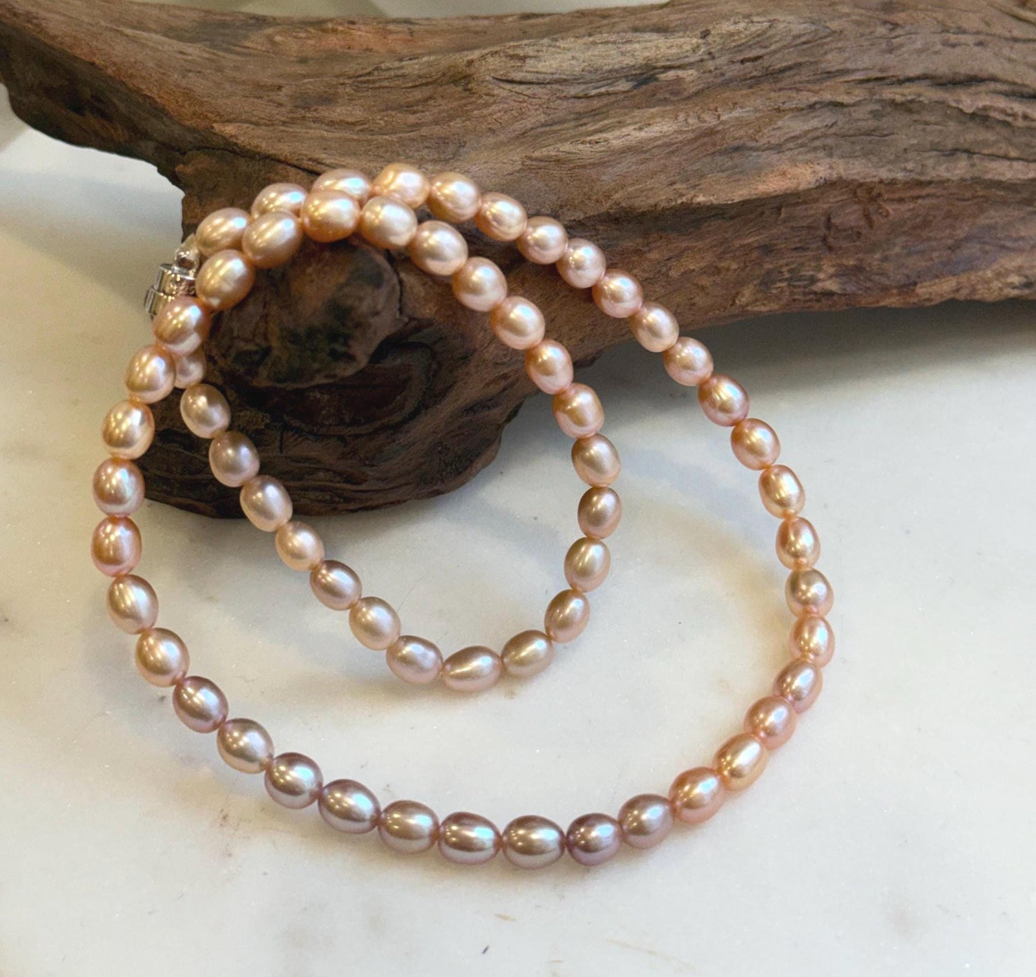 Elly’s Multicolor freshwater pearls necklace:  Extreme luster, peach rose lavender, 5.6-6.4mm, 17.5”, s925 silver necklace strand.