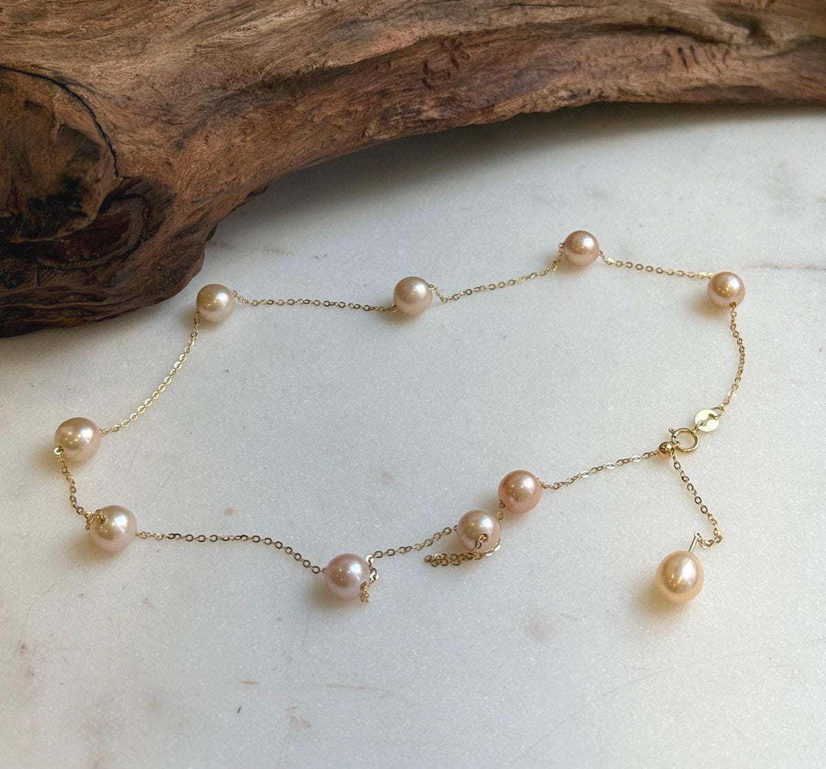Elly’s 10pcs 7-7.8mm Freshwater peach pearls Satellite Necklace: Extreme luster mirrored, S925 silver satellite necklace, to 18.1”.