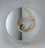 Elly’s Tahitian peacock sage green Ocean Pearl Wave Brooch pendant 2in1: Extreme luster mirrored, 10.4mm, daily office black ocean pearl brooch for her
