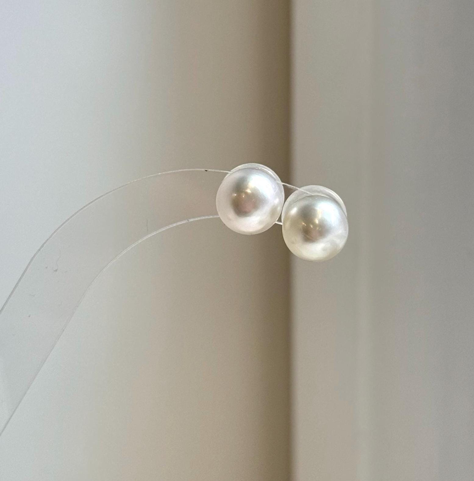 Elly’s 9.6mm Australian ocean white Pearls earrings studs: Extreme luster mirrored, s925 silver minimalist earrings.
