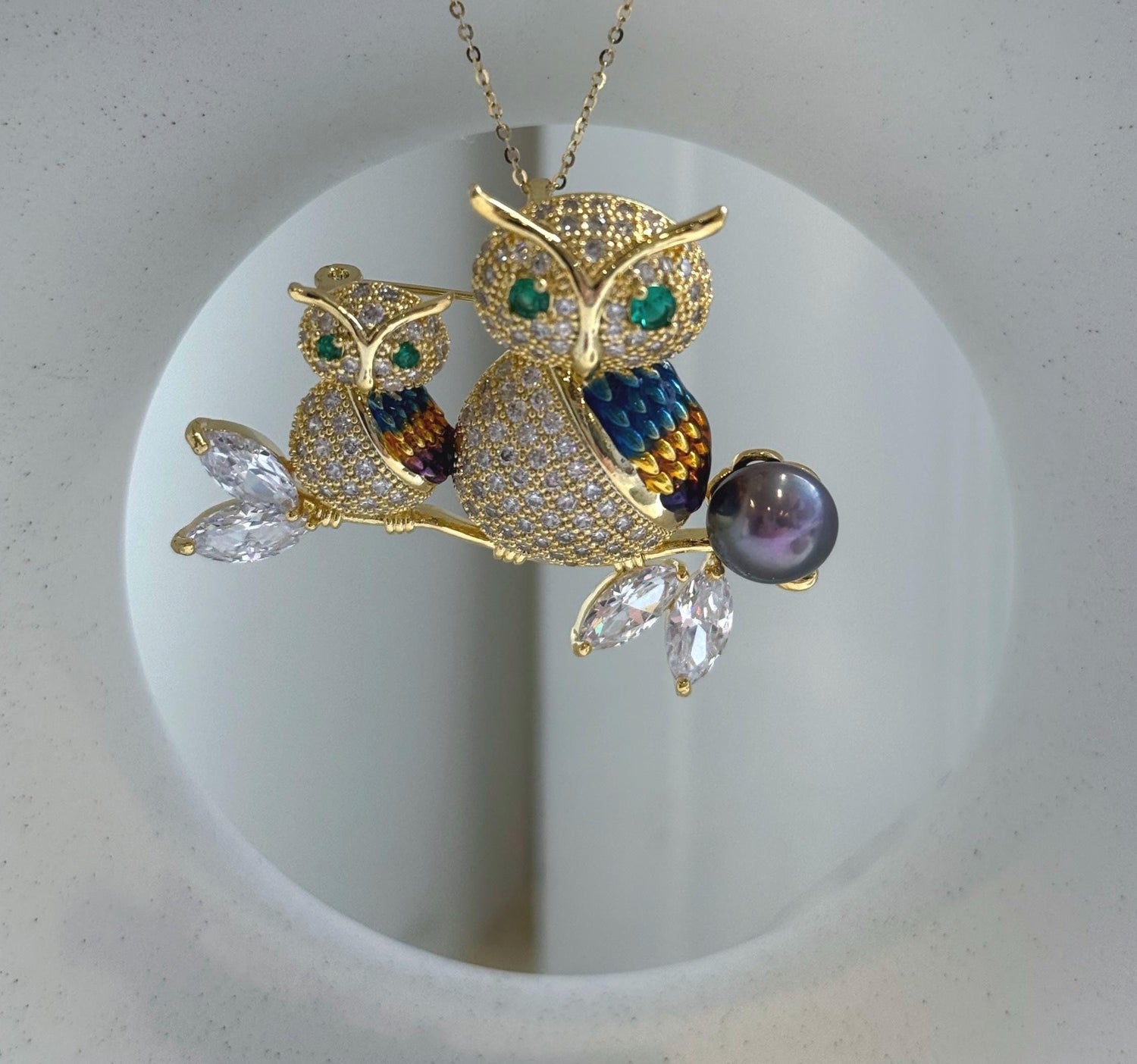Elly’s Edison Pearl Owl Brooch pendant 2in1: Extreme luster mirrored, 10.2mm