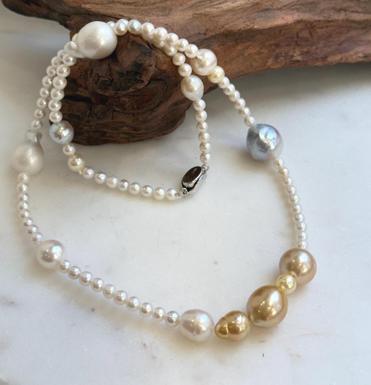 Elly’s Multicolor ocean white Freshwater pearls necklace:Extreme luster mirrored, 22.2”, S925 silver necklace strand.daily office multicolor ocean pearls necklace strand for her birthday