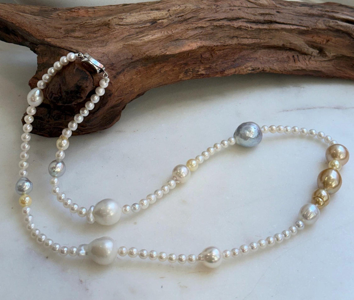Elly’s Multicolor ocean white Freshwater pearls necklace:Extreme luster mirrored, 22.2”, S925 silver necklace strand.daily office multicolor ocean pearls necklace strand for her holiday