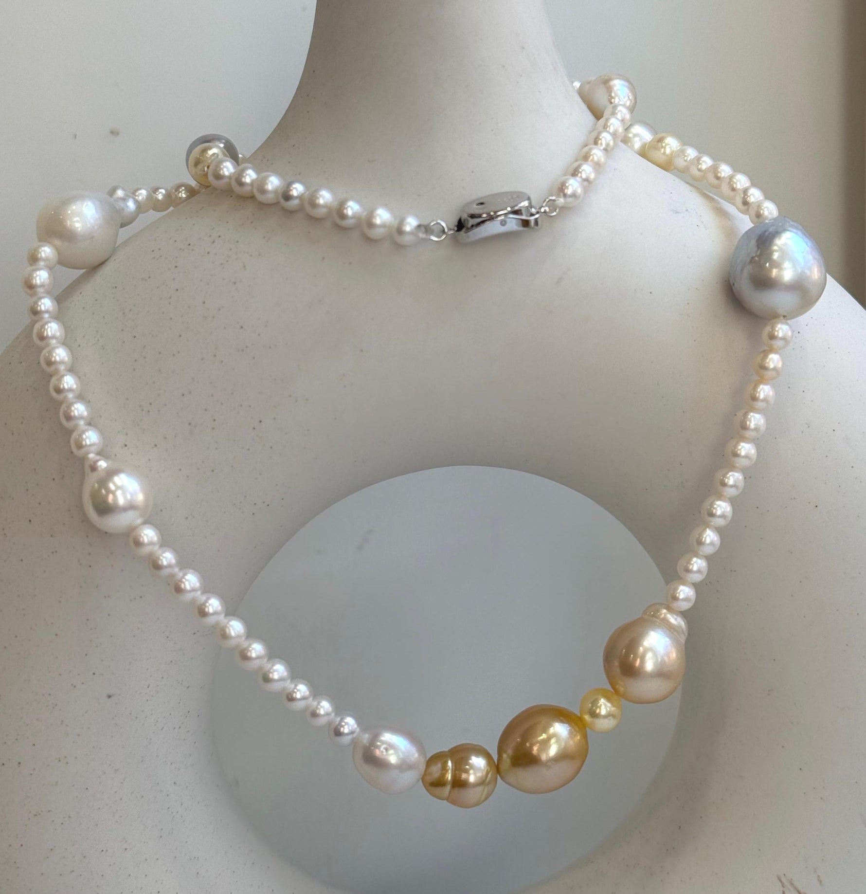 Elly’s Multicolor ocean white Freshwater pearls necklace:Extreme luster mirrored, 22.2”, S925 silver necklace strand.daily office multicolor ocean pearls necklace strand for her