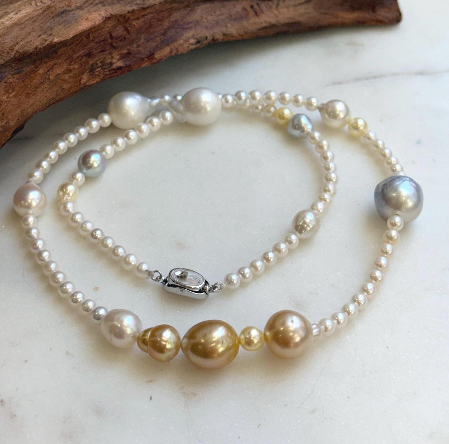 Elly’s Multicolor ocean white Freshwater pearls necklace:Extreme luster mirrored, 22.2”, S925 silver necklace strand.daily office multicolor ocean pearls necklace strand for her