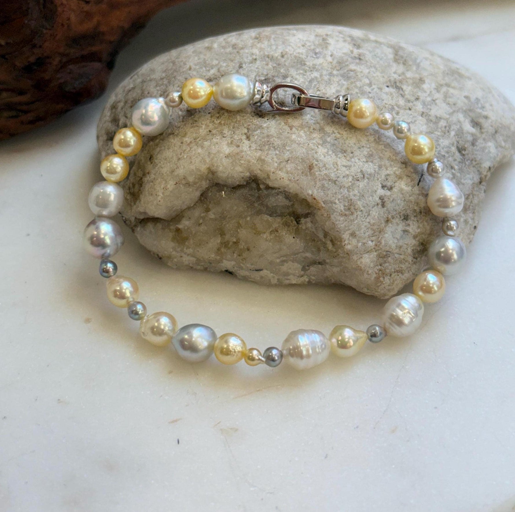 Elly’s Multicolor Ocean Pearls Bracelet: Extreme luster, Australian White Akoya ocean Pearls, 3.5-8.6, 8.3”, S925 silver bracelet.