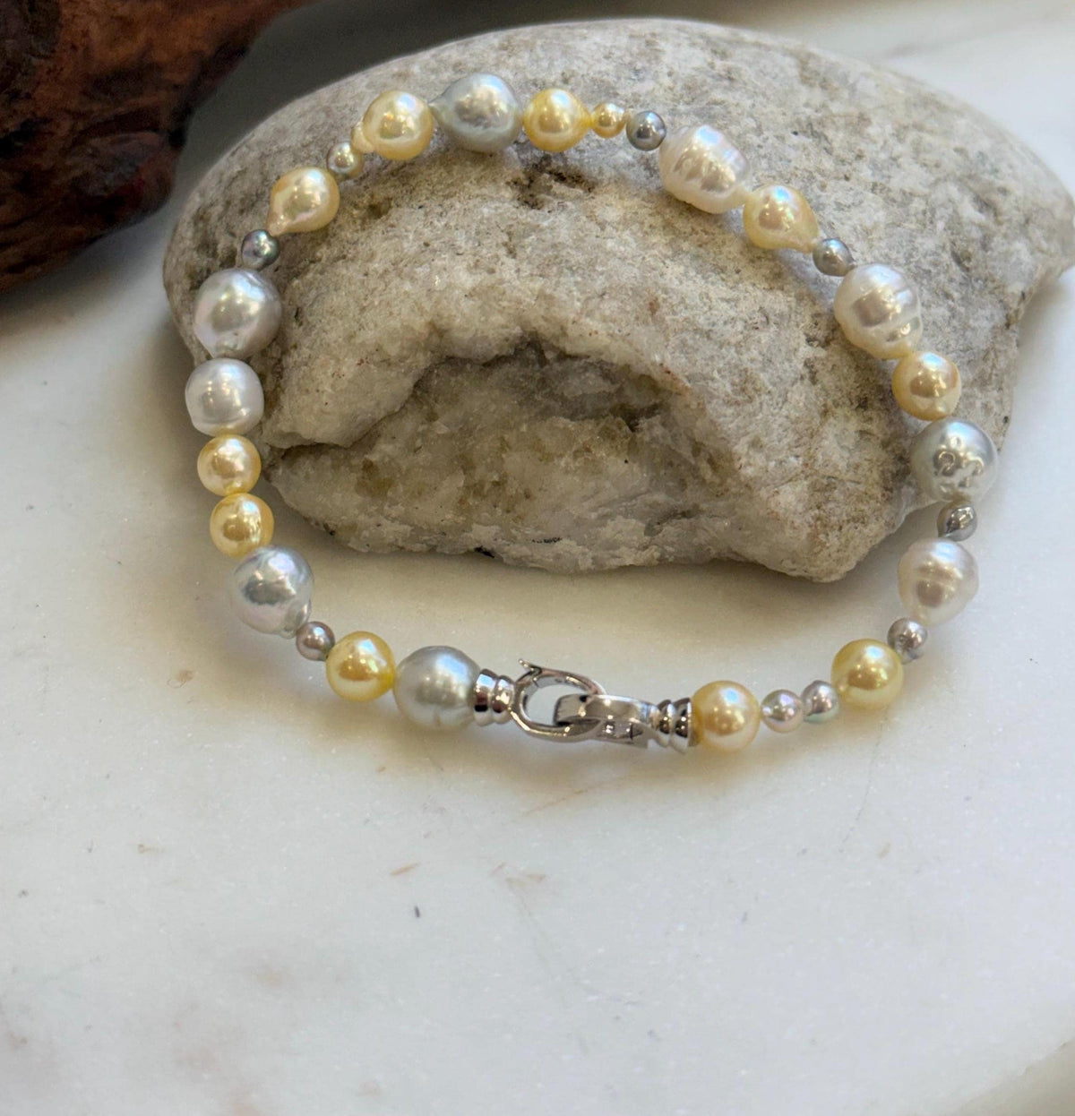 Elly’s Multicolor Ocean Pearls Bracelet: Extreme luster, Australian White Akoya ocean Pearls, 3.5-8.6, 8.3”, S925 silver bracelet.