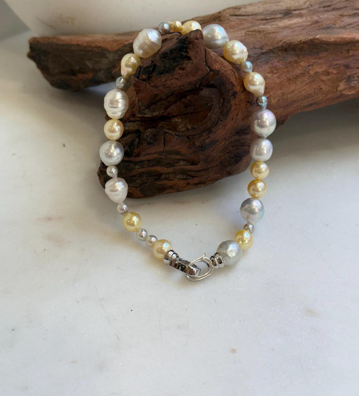 Elly’s Multicolor Ocean Pearls Bracelet: Extreme luster, Australian White Akoya ocean Pearls, 3.5-8.6, 8.3”, S925 silver bracelet.