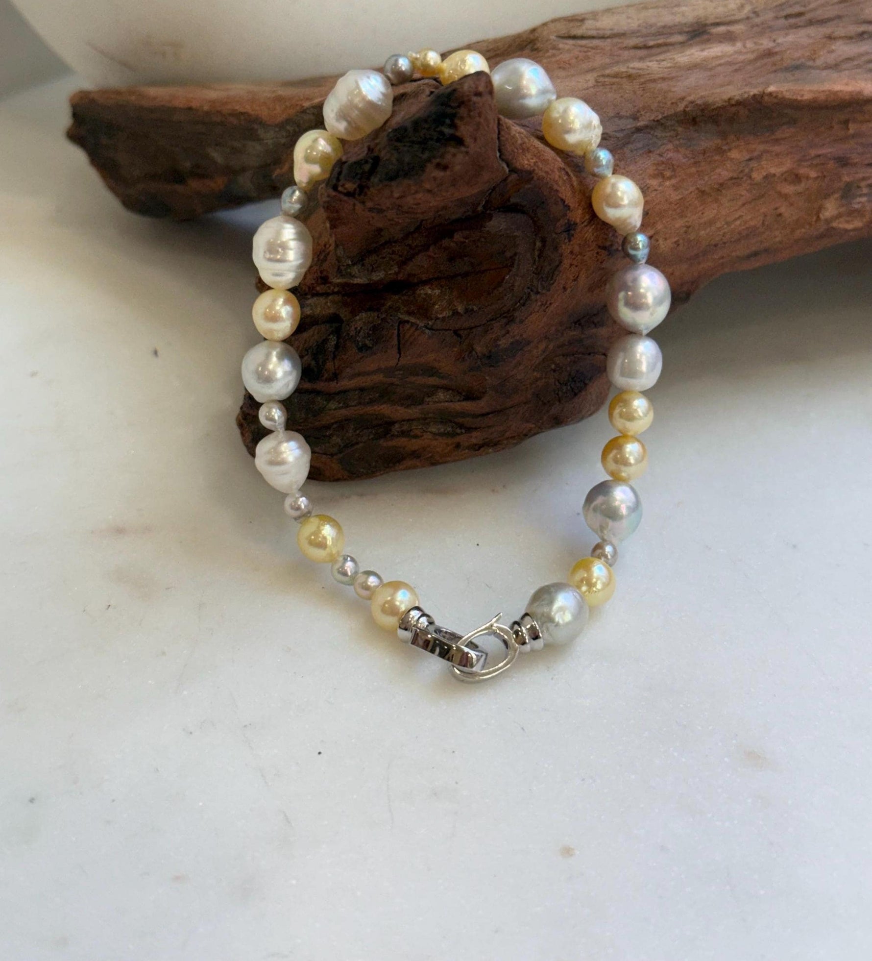 Elly’s Multicolor Ocean Pearls Bracelet: Extreme luster, Australian White Akoya ocean Pearls, 3.5-8.6, 8.3”, S925 silver bracelet.
