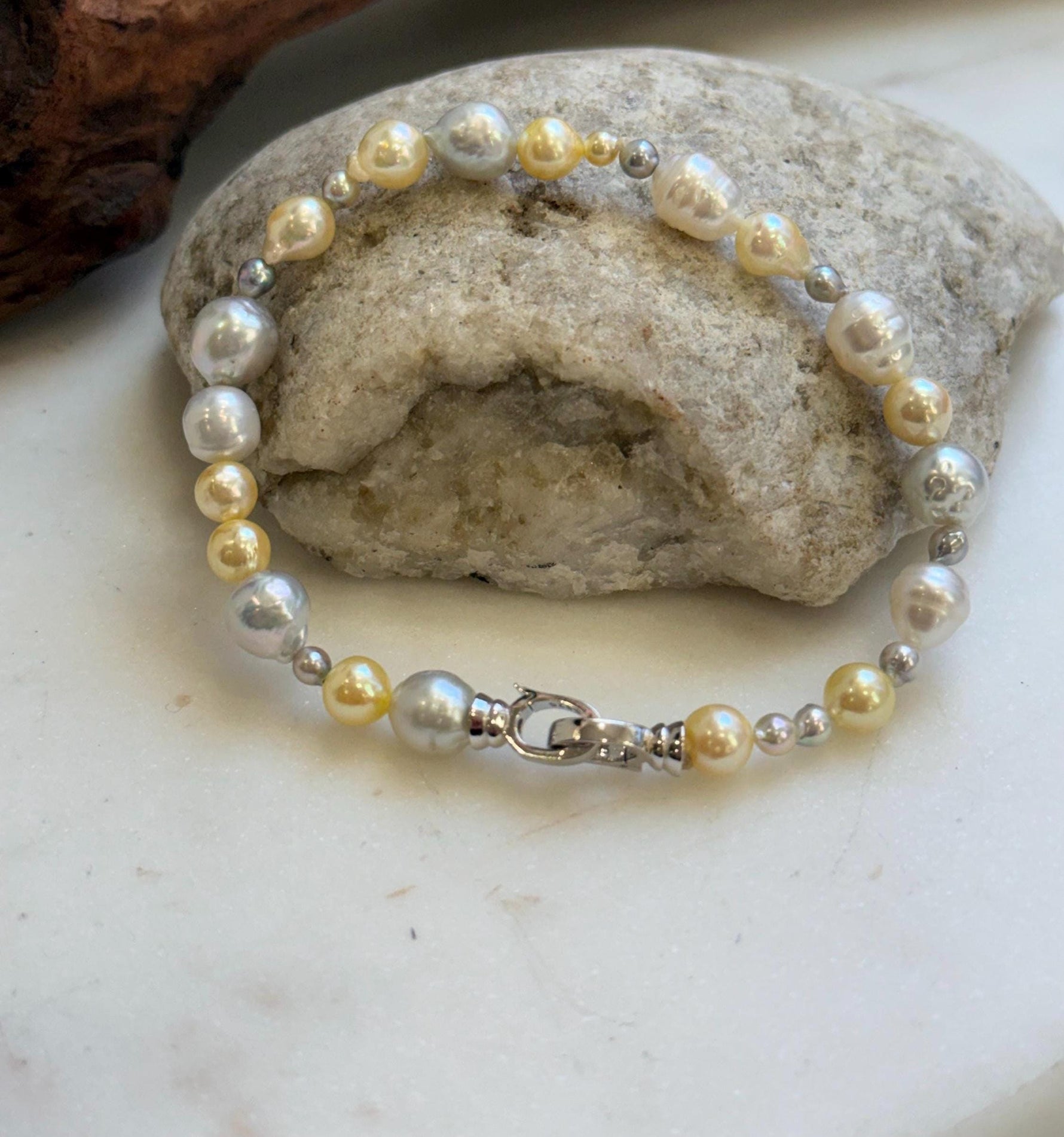 Elly’s Multicolor Ocean Pearls Bracelet: Extreme luster, Australian White Akoya ocean Pearls, 3.5-8.6, 8.3”, S925 silver bracelet.